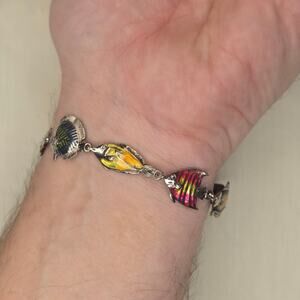 Vintage Kabana Sterling Silver Enamel Tropical Fish Chain Bracelet